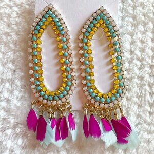 Vibrant Colorblock Geo Earrings in Gold, Pink, Yellow, Blue Stones & Feathers
